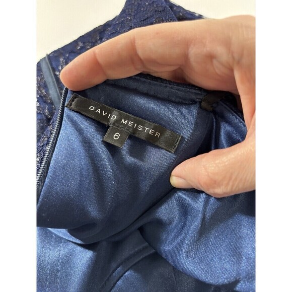 David Meister Strapless Cocktail Dress Blue Black Lace Metallic 6 Boning - Picture 3 of 10